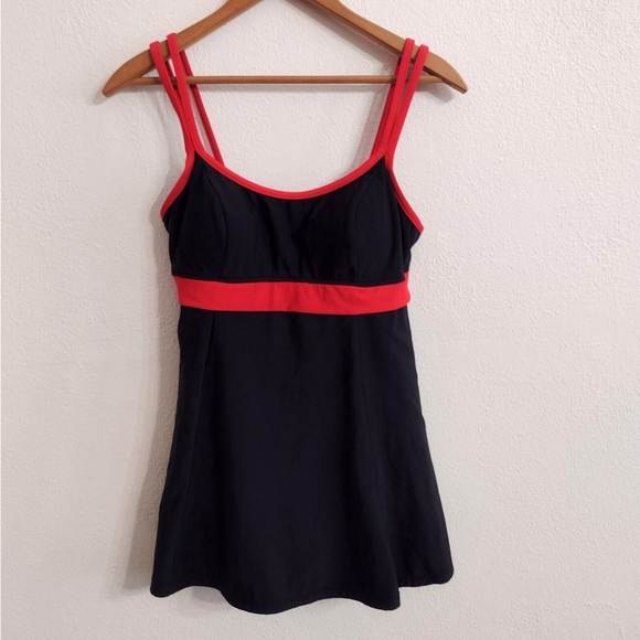 Vintage Mainstream Black Red Padded Spaghetti Strap One Piece Swim Skirt Sz 10 - Picture 1 of 8